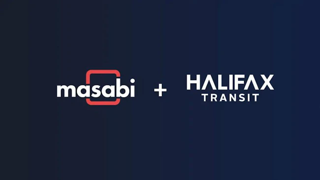 Logo graphic combining the Masabi wordmark and the Halifax Transit wordmark, joined by a plus sign on a dark navy background.
