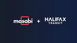 Logo graphic combining the Masabi wordmark and the Halifax Transit wordmark, joined by a plus sign on a dark navy background.