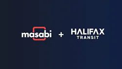 Logo graphic combining the Masabi wordmark and the Halifax Transit wordmark, joined by a plus sign on a dark navy background.