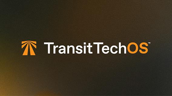 Logo for TransitTechOS, showing an orange upward-arrow icon beside the wordmark in white and orange lettering on a dark, warm-toned gradient background.