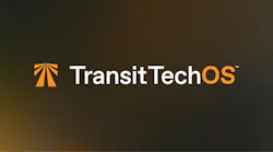Logo for TransitTechOS, showing an orange upward-arrow icon beside the wordmark in white and orange lettering on a dark, warm-toned gradient background.
