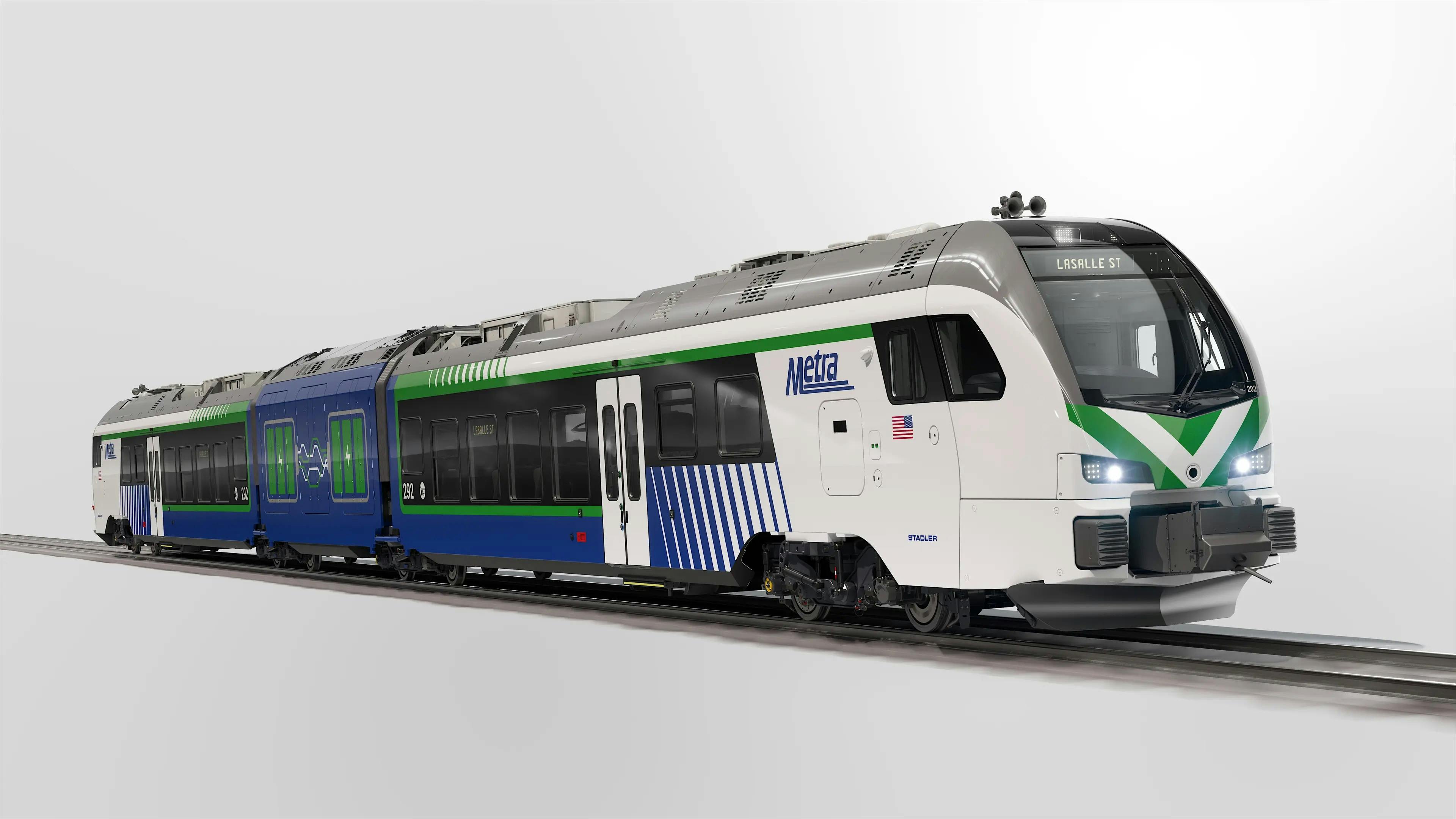 Rendering of a new Metra Stadler rail car in white, blue and green livery, signed 'LaSalle St,' shown on a studio background with the Metra logo and an American flag decal on its front.