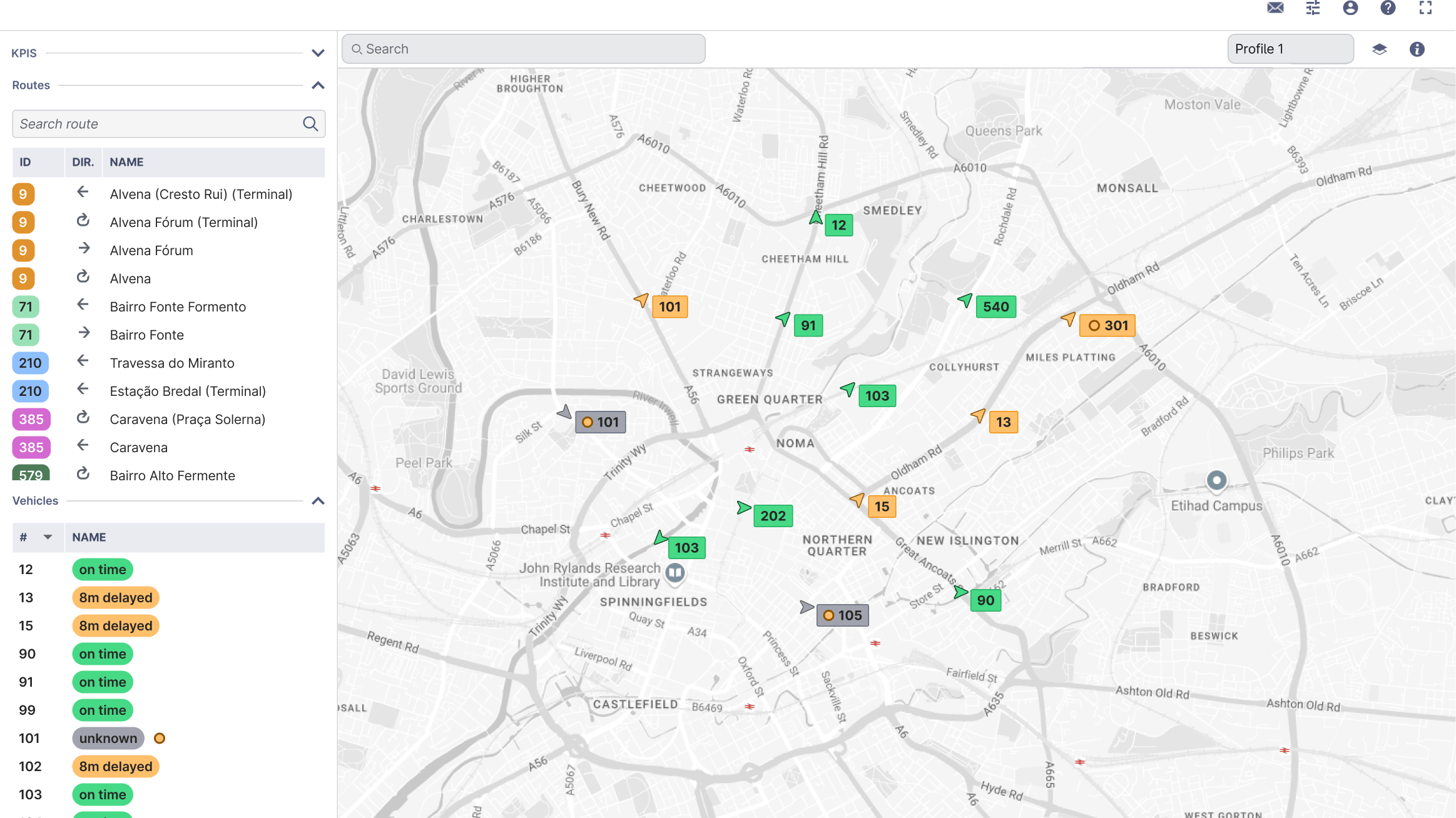 A screenshot of Optibus's Real-Time Suite dashboard shows a map of Manchester, England, with color-coded bus markers and side panels listing routes and vehicle statuses such as 'on time' and '8m delayed.'