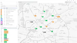 A screenshot of Optibus's Real-Time Suite dashboard shows a map of Manchester, England, with color-coded bus markers and side panels listing routes and vehicle statuses such as 'on time' and '8m delayed.'