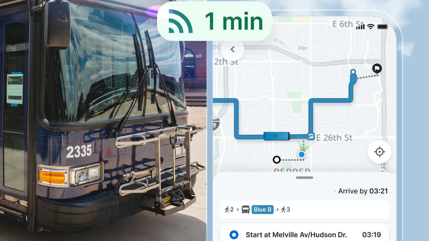 Split composite showing a transit bus numbered 2335 beside a smartphone screen running Via's trip-planning software, with a '1 min' live arrival notification overlaid and a mapped route combining walking and a Blue B bus connection with a 3:21 arrival time.