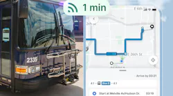 Split composite showing a transit bus numbered 2335 beside a smartphone screen running Via's trip-planning software, with a '1 min' live arrival notification overlaid and a mapped route combining walking and a Blue B bus connection with a 3:21 arrival time.