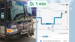 Split composite showing a transit bus numbered 2335 beside a smartphone screen running Via's trip-planning software, with a '1 min' live arrival notification overlaid and a mapped route combining walking and a Blue B bus connection with a 3:21 arrival time.