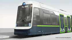 An artist's conceptual rendering of a Stadler light-rail vehicle in navy, gray and white with green accents, showing a 'Y'ALL ABOARD' destination sign, vehicle number 1001 A and bike and wheelchair accessibility symbols at the doors.