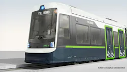 An artist's conceptual rendering of a Stadler light-rail vehicle in navy, gray and white with green accents, showing a 'Y'ALL ABOARD' destination sign, vehicle number 1001 A and bike and wheelchair accessibility symbols at the doors.