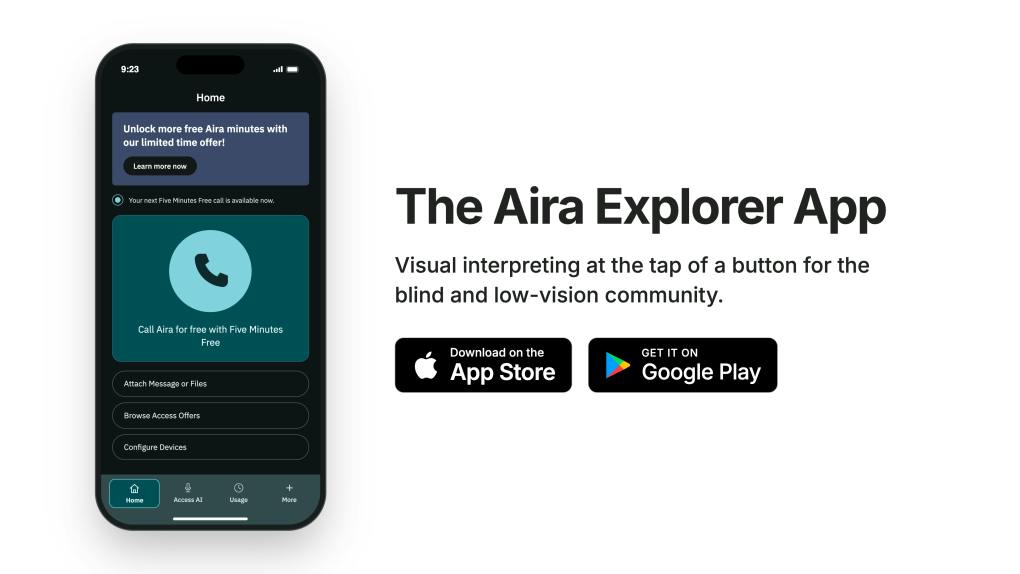 A promotional graphic for the Aira Explorer app shows a smartphone home screen with a 'Call Aira for free with Five Minutes Free' button, beside text reading 'Visual interpreting at the tap of a button for the blind and low-vision community' and App Store and Google Play download badges.