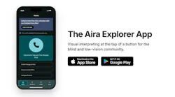 A promotional graphic for the Aira Explorer app shows a smartphone home screen with a 'Call Aira for free with Five Minutes Free' button, beside text reading 'Visual interpreting at the tap of a button for the blind and low-vision community' and App Store and Google Play download badges.