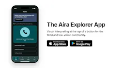 A promotional graphic for the Aira Explorer app shows a smartphone home screen with a 'Call Aira for free with Five Minutes Free' button, beside text reading 'Visual interpreting at the tap of a button for the blind and low-vision community' and App Store and Google Play download badges.