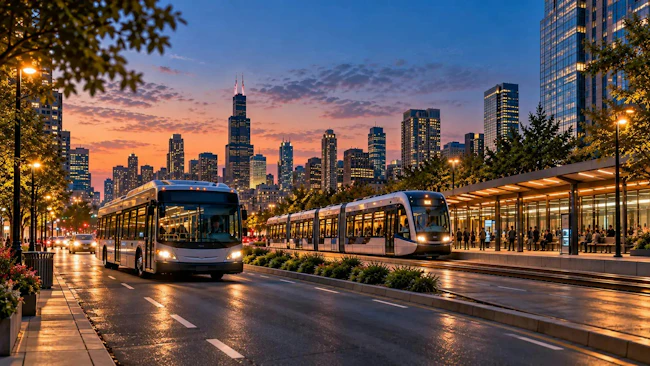 An illustrated city street at dusk shows a white bus and a multi-car light rail vehicle with glowing headlights, a lit station platform with waiting passengers and a skyline of lit skyscrapers under an orange and purple sky.