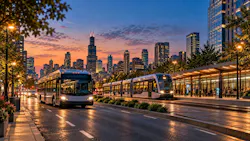 An illustrated city street at dusk shows a white bus and a multi-car light rail vehicle with glowing headlights, a lit station platform with waiting passengers and a skyline of lit skyscrapers under an orange and purple sky.