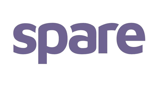 The spare logo is shown in purple font on a white background.