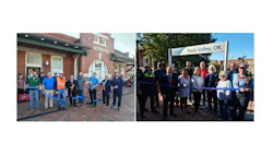 A two-photo composite shows ribbon-cutting ceremonies at two Amtrak stations: officials holding scissors and a blue ribbon in front of the brick Norman station building on the left, and a group standing behind a blue ribbon beneath the Pauls Valley, OK station sign on the right.