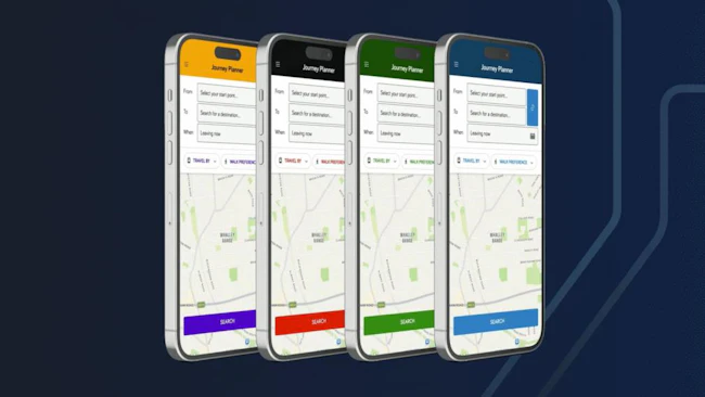 Four smartphones in a row, each displaying a different colored version of 'Passenger'&rsquo; transit app interface, with a search map and &lsquo;Search&rsquo; button at the bottom.