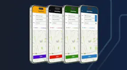 Four smartphones in a row, each displaying a different colored version of 'Passenger'’ transit app interface, with a search map and ‘Search’ button at the bottom.