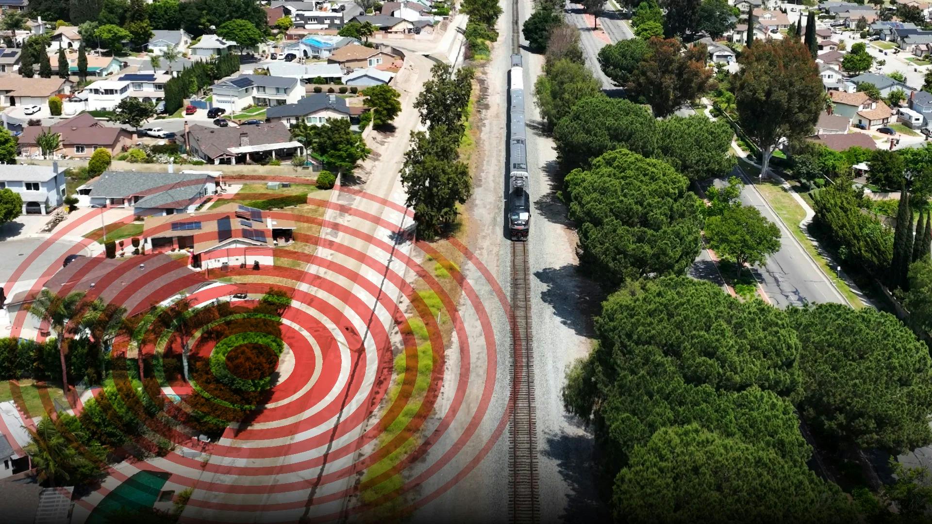 An aerial view of a passenger train traveling down a straight track beside a residential neighborhood, with a red concentric-ring graphic radiating across the nearby homes to suggest noise or vibration.