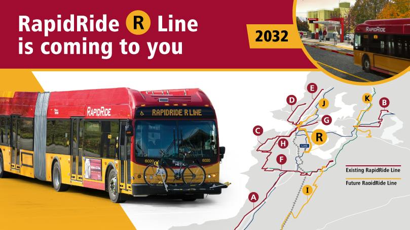 Graphic promoting the RapidRide R Line, &lsquo;coming to you&rsquo; in 2032, showing a red and yellow RapidRide bus beside a route map of existing and future lines.
