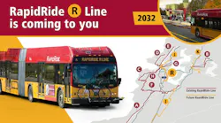 Graphic promoting the RapidRide R Line, ‘coming to you’ in 2032, showing a red and yellow RapidRide bus beside a route map of existing and future lines.