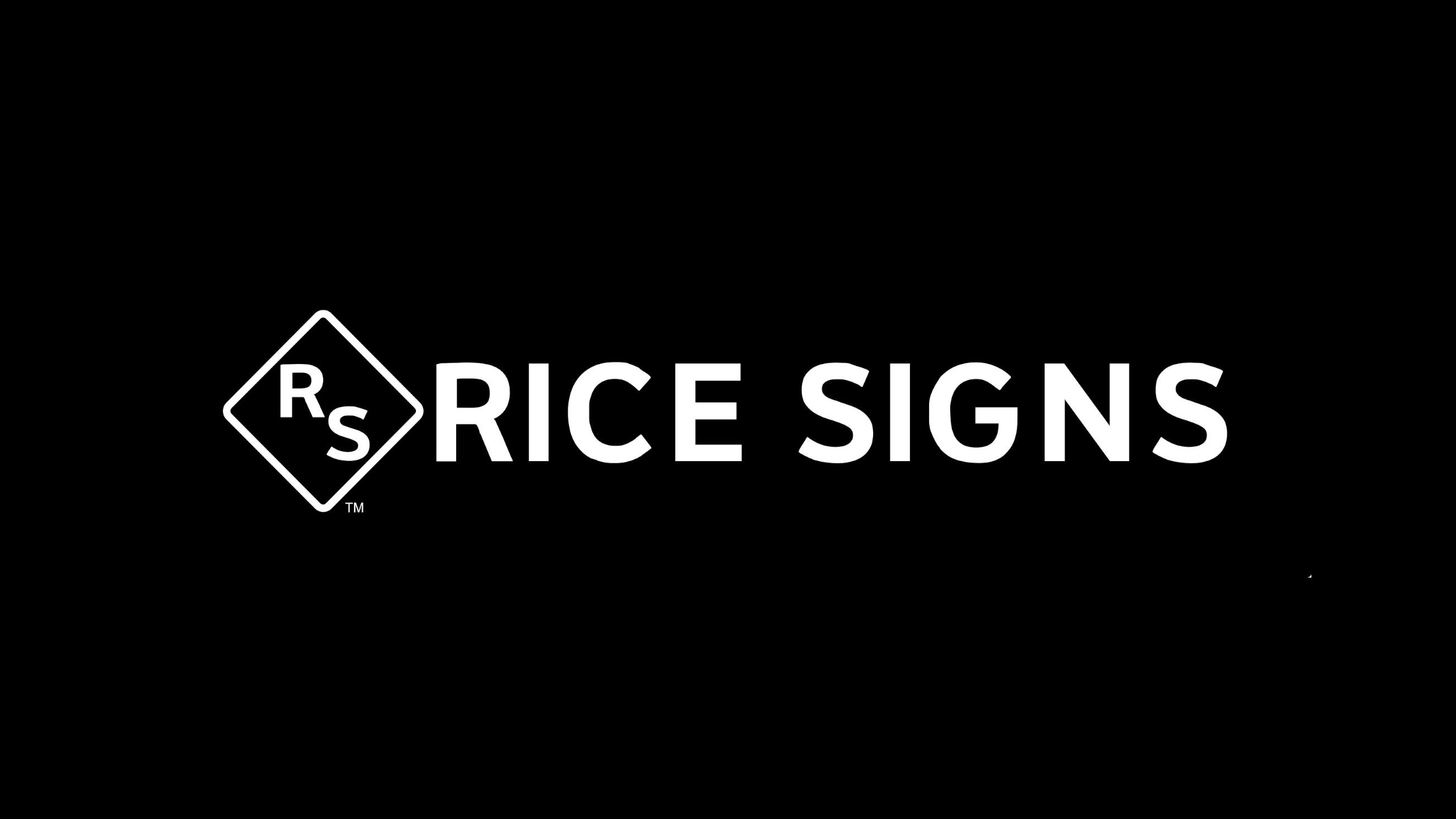 Rice Signs is displayed on a black background in white font.