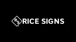 Rice Signs is displayed on a black background in white font.