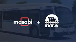A promotional graphic shows the Masabi logo and the Duluth Transit Authority (DTA) logo side by side with a plus sign, over a darkened photo of a white Duluth Transit Authority bus.