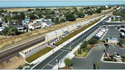 Rendering of a planned rail underpass, showing a sunken roadway beneath railroad tracks with landscaped retaining walls, near a parking lot and residential neighborhood.