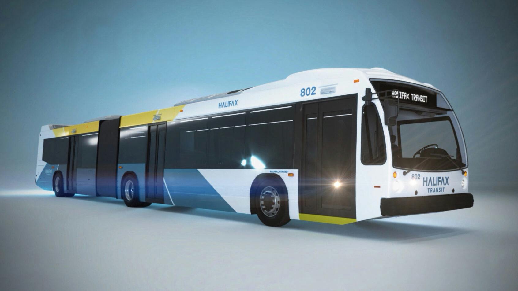 Rendering of a white and blue Halifax Transit articulated bus, numbered 802, against a gray studio background.