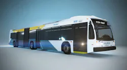 Rendering of a white and blue Halifax Transit articulated bus, numbered 802, against a gray studio background.