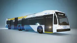 Rendering of a white and blue Halifax Transit articulated bus, numbered 802, against a gray studio background.