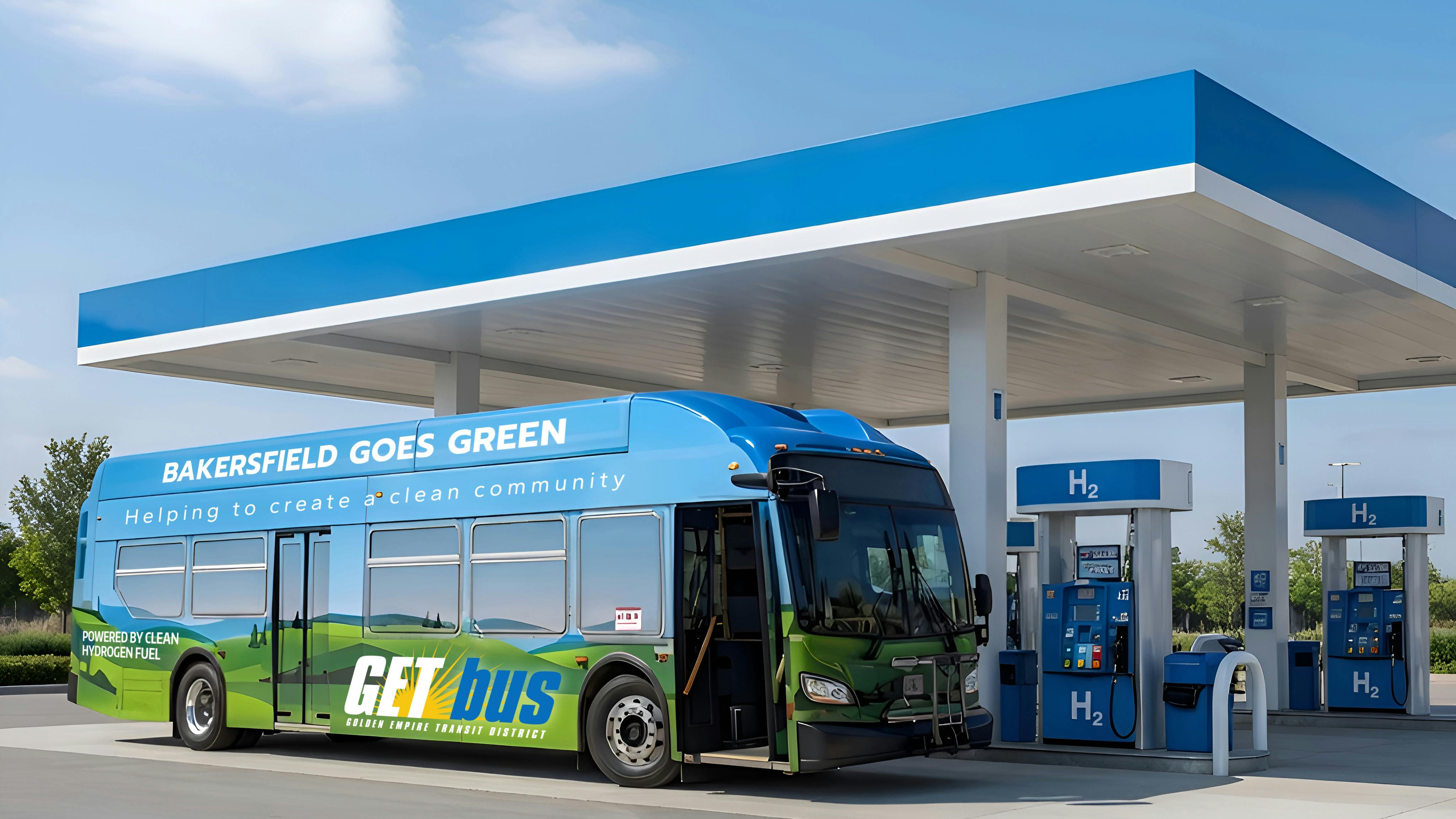 An illustration of a blue and green GET bus with a &ldquo;Bakersfield Goes Green&rdquo; wrap and &ldquo;Powered by clean hydrogen fuel&rdquo; text sits at a hydrogen fueling station with H2 dispensers under a blue canopy.