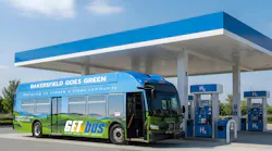 An illustration of a blue and green GET bus with a “Bakersfield Goes Green” wrap and “Powered by clean hydrogen fuel” text sits at a hydrogen fueling station with H2 dispensers under a blue canopy.
