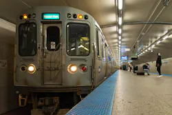 blue line train in Logan Square blue line station