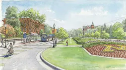 A watercolor-style rendering of a bus rapid transit corridor shows a blue articulated bus stopping at a covered station beside historic brick buildings, with a cyclist and pedestrians, a landscaped median, and a flower bed with a block “M” at right.
