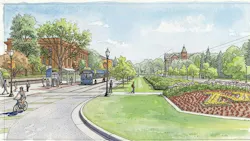 A watercolor-style rendering of a bus rapid transit corridor shows a blue articulated bus stopping at a covered station beside historic brick buildings, with a cyclist and pedestrians, a landscaped median, and a flower bed with a block “M” at right.