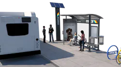 A 3D rendering of a MARTA bus stop shows a curved-roof shelter with a bench, trash receptacles and an advertisement panel, beside a solar-topped signage pylon, colorful bike racks and a parked bus, with riders waiting, including one in a wheelchair.