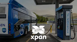 A blue and white hydrogen fuel cell bus with “Hydrogen,” “H2” and “Zero Emission” markings is connected to a hydrogen dispenser under a fueling canopy, with a Xpan “25 Years” logo overlaid on the lower center of the image.