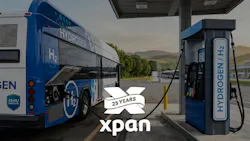 A blue and white hydrogen fuel cell bus with “Hydrogen,” “H2” and “Zero Emission” markings is connected to a hydrogen dispenser under a fueling canopy, with a Xpan “25 Years” logo overlaid on the lower center of the image.
